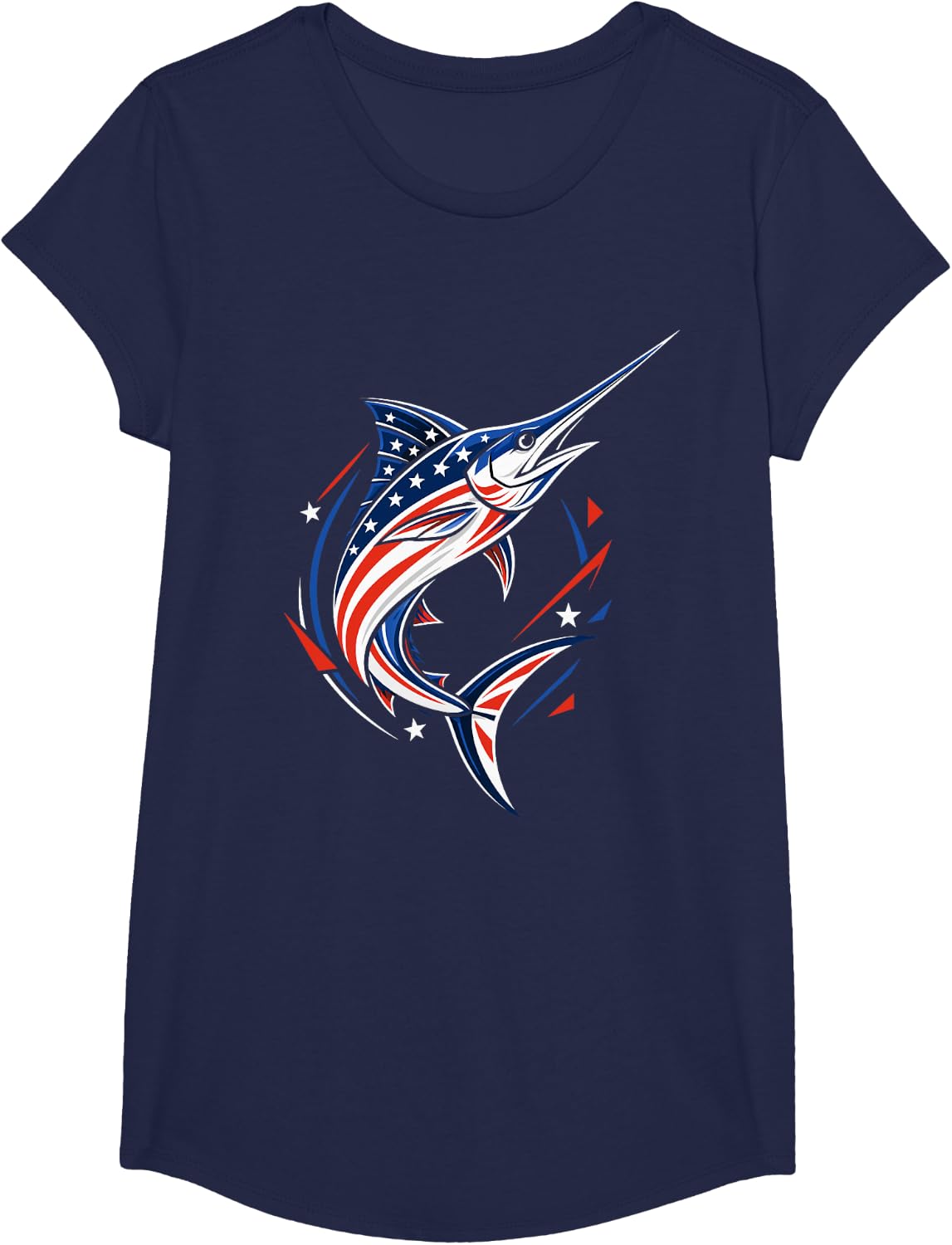 Patriotic Marlin Angler Mens American Flag Marlin Fish T-Shirt - Girls Navy Blue