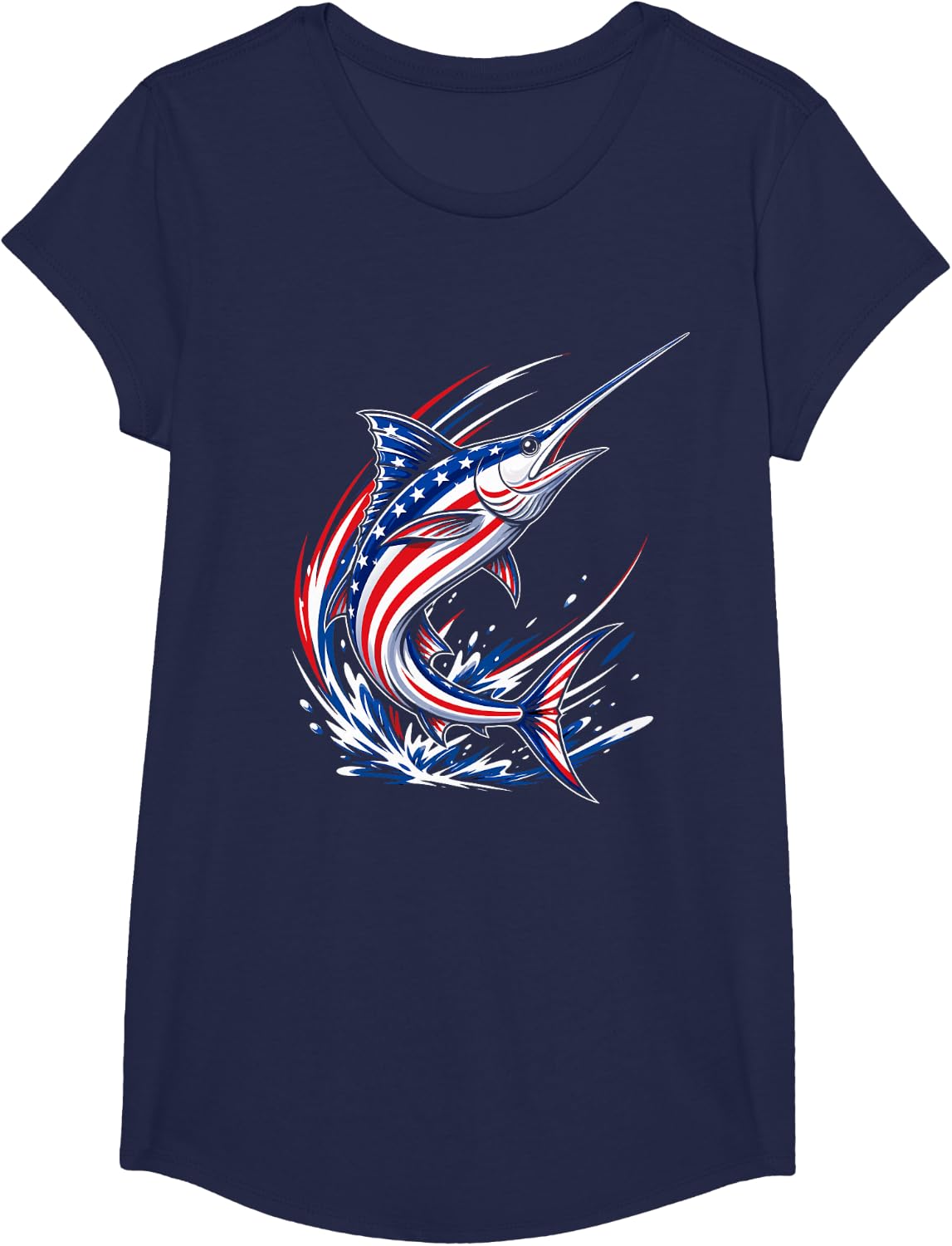 Patriotic Swordfish 4th of July American Flag Marlin Fishing T-Shirt - Girls Navy Blue