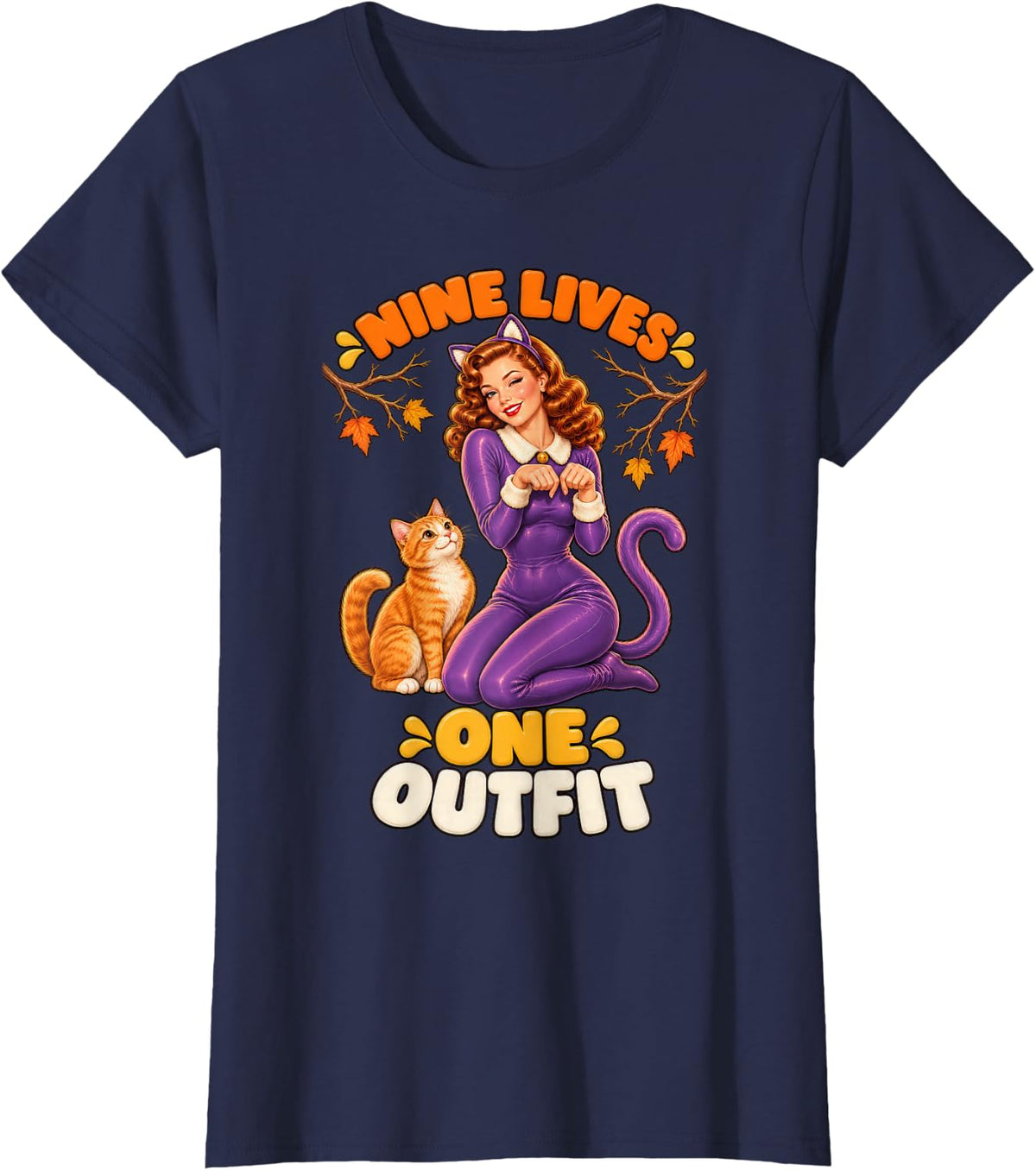Nine Lives One Outfit Retro Pinup Cat Lady Purple Catsuit T-Shirt - Navy Blue