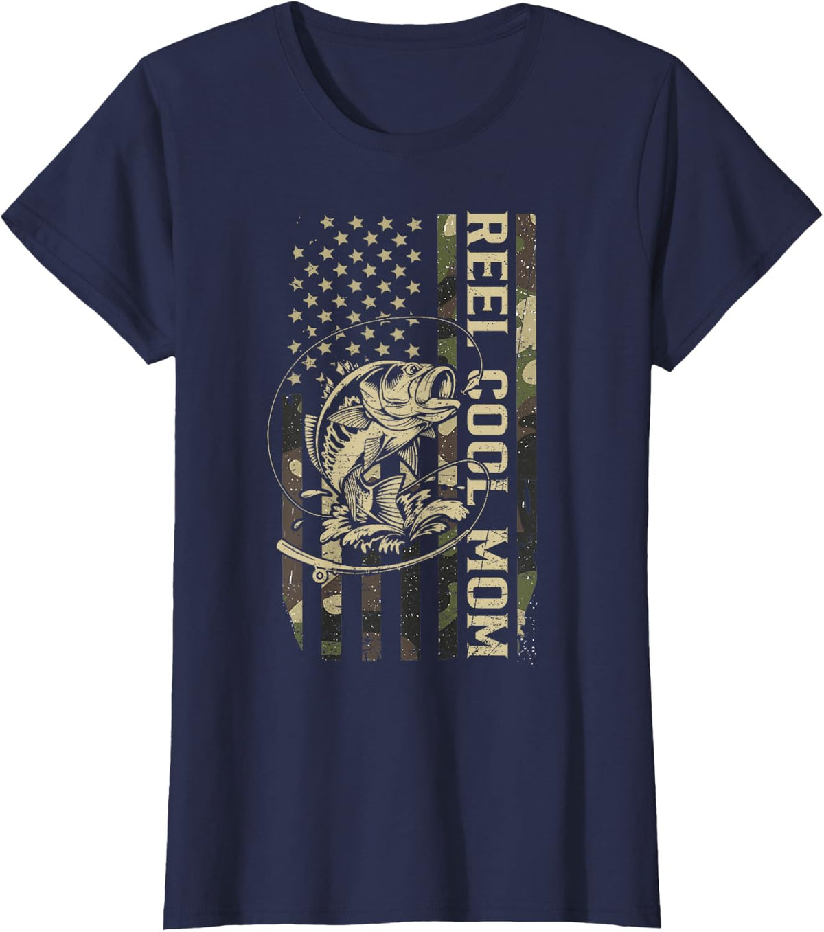 Reel Cool Mom Camouflage Flag USA Fishing Mothers Day T-Shirt - Navy Blue