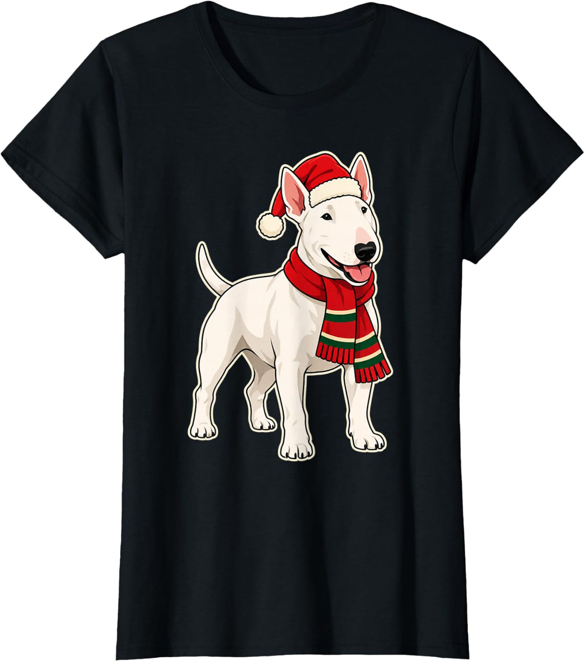 Fun Festive Bull Terrier with Christmas Santa Hat T-Shirt - Black