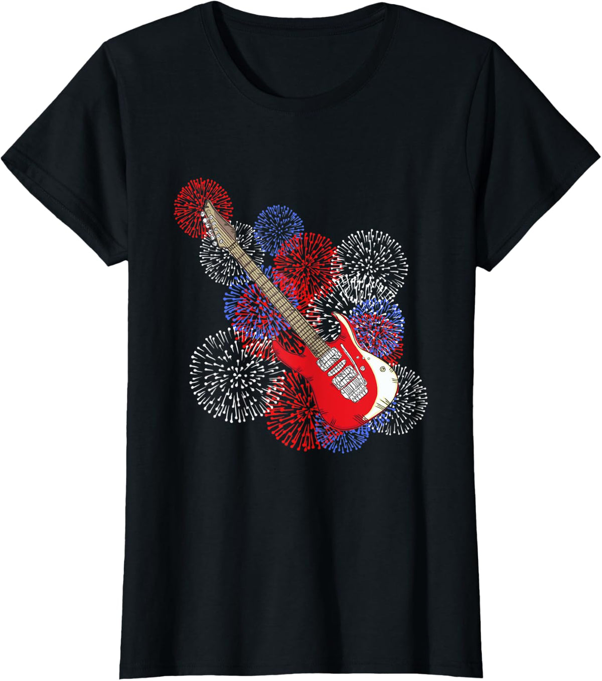 Guitar Wrapped in 4th of July Fireworks Red White and Blue Women Men T-Shirt - Black