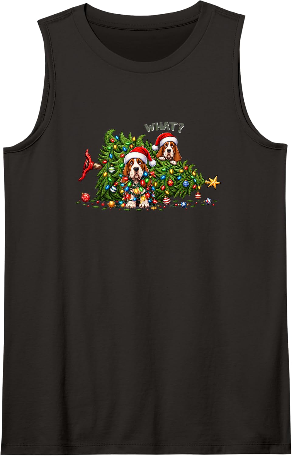 Basset Hound Christmas Tree Lights Santa Hats Funny Holiday Sleeveless Tank Top - Black