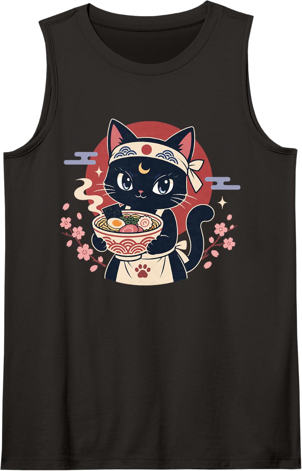 Cute Black Cat Ramen Chef Sleeveless Tank Top - Black