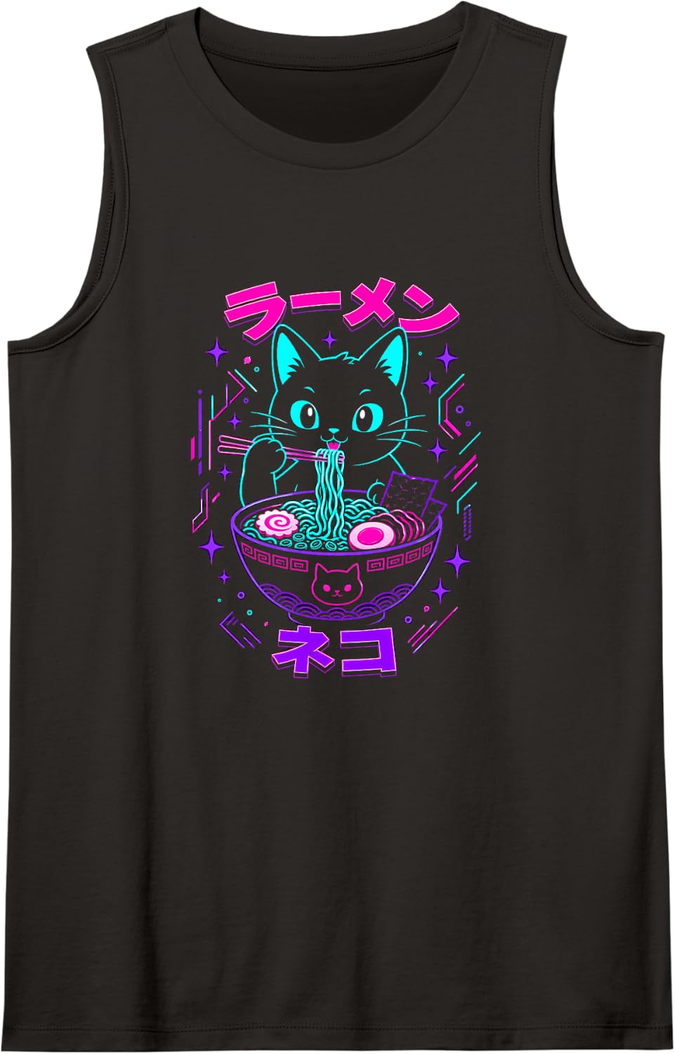 Ramen Cat Kawaii Anime Japanese Noodles Pink Turquoise Sleeveless Tank Top - Black
