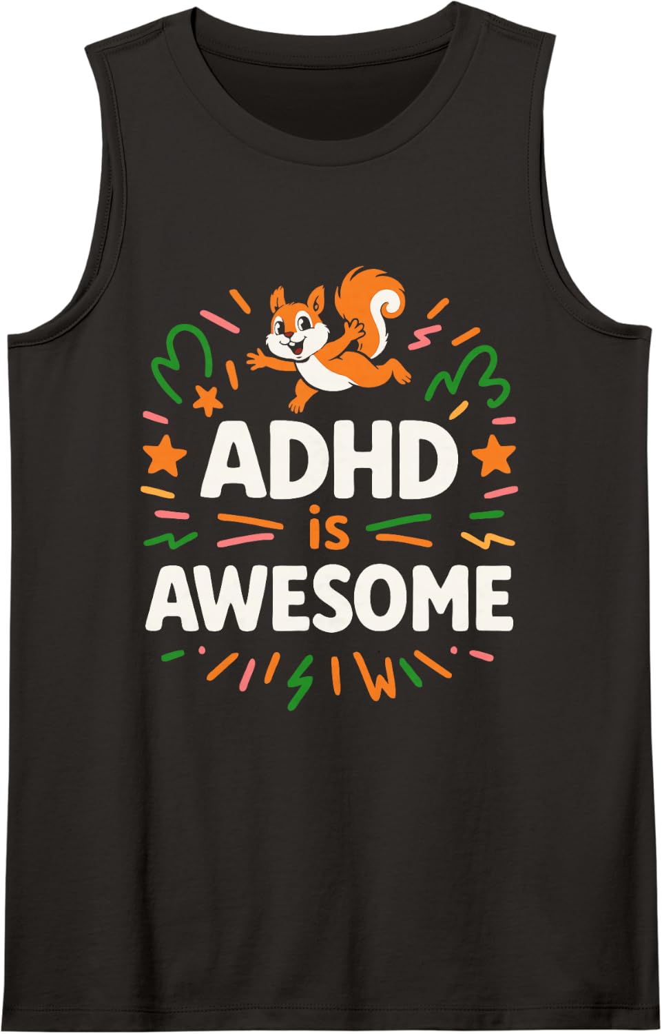 Squirrel ADHD is Awesome Awareness Month Orange Ribbon Sleeveless Tank Top - Black