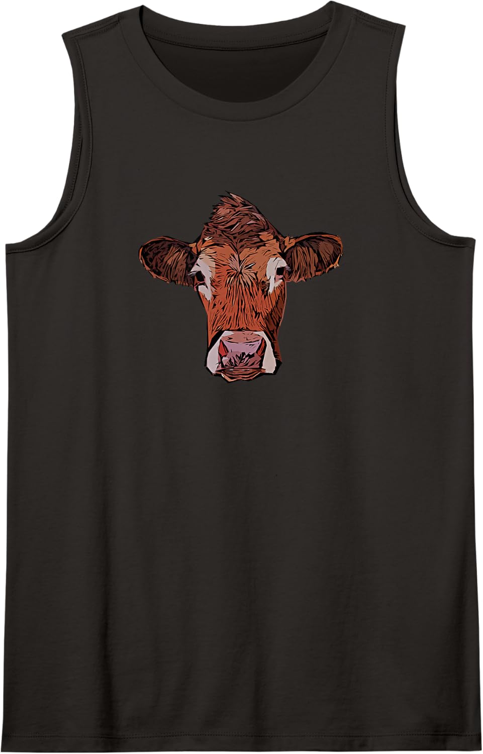 Artistic Brown Cattle Head Illustration Sleeveless Tank Top - Black