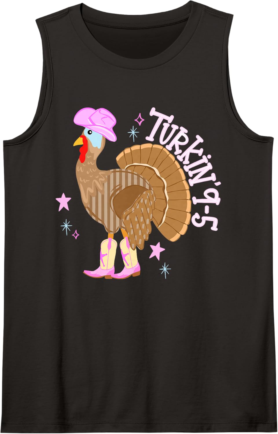 Turkin 9-5 Funny Cowgirl Turkey Fall Western Thanksgiving Sleeveless Tank Top - Black