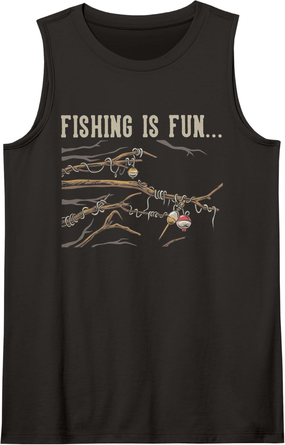Fishing is Fun Bobbers Stuck in Tree Sleeveless Tank Top - Black