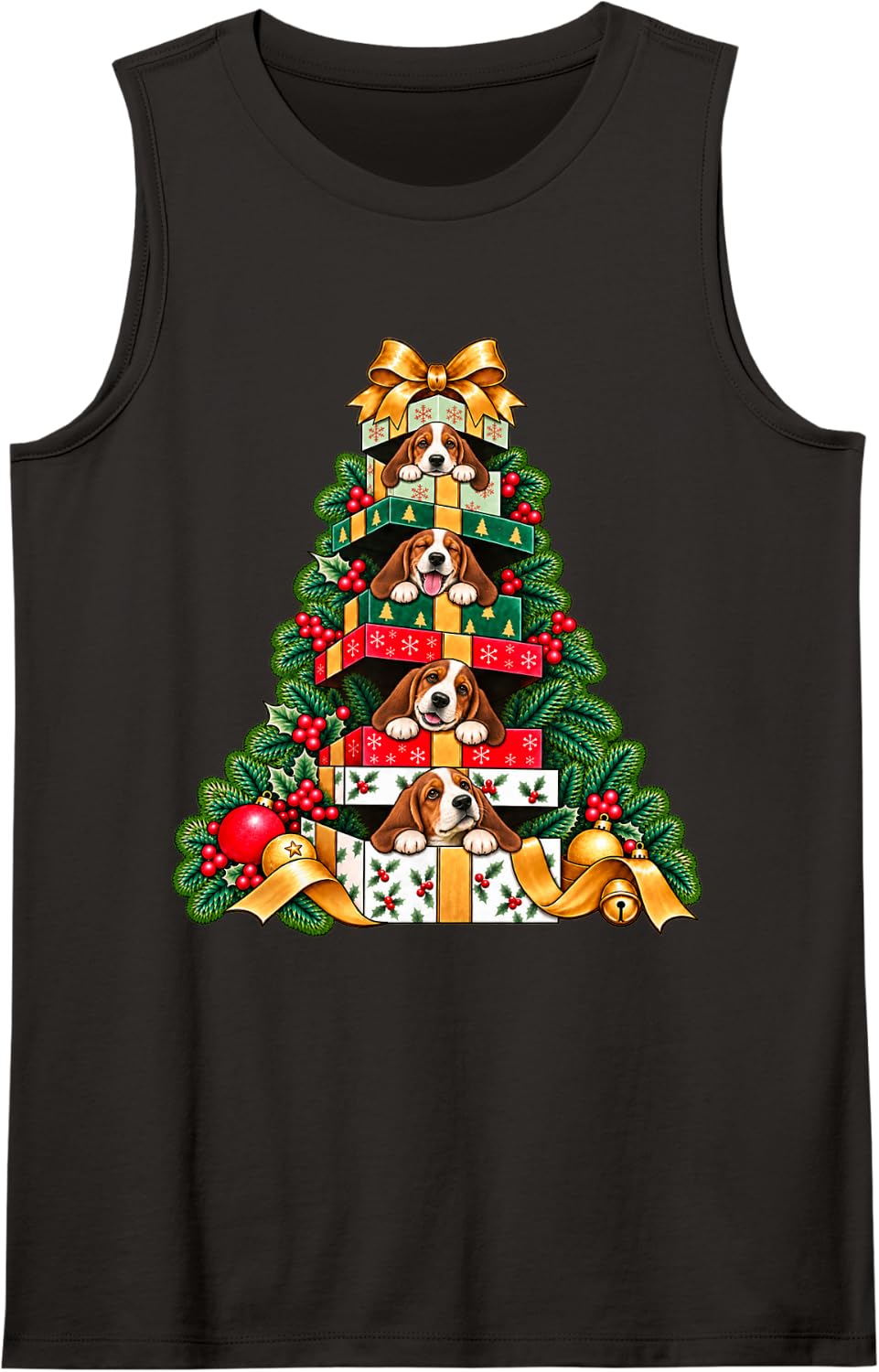 Basset Hound Stacked Wrapped Box Holiday Tree Surprise Sleeveless Tank Top - Black