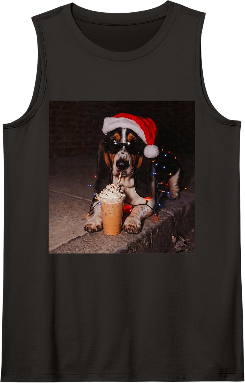 Cool Basset Hound Santa Hat Iced Coffee Dog Christmas Lights Sleeveless Tank Top - Black