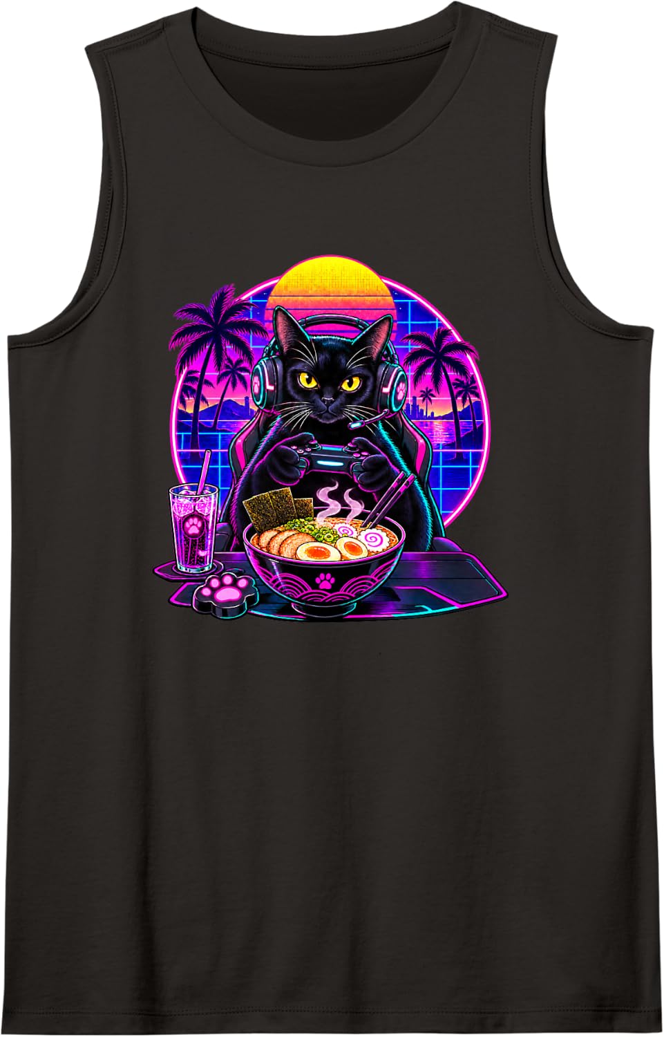 Black Colored Cat Gamer Ramen Retro Sunset Gaming Sleeveless Tank Top - Black