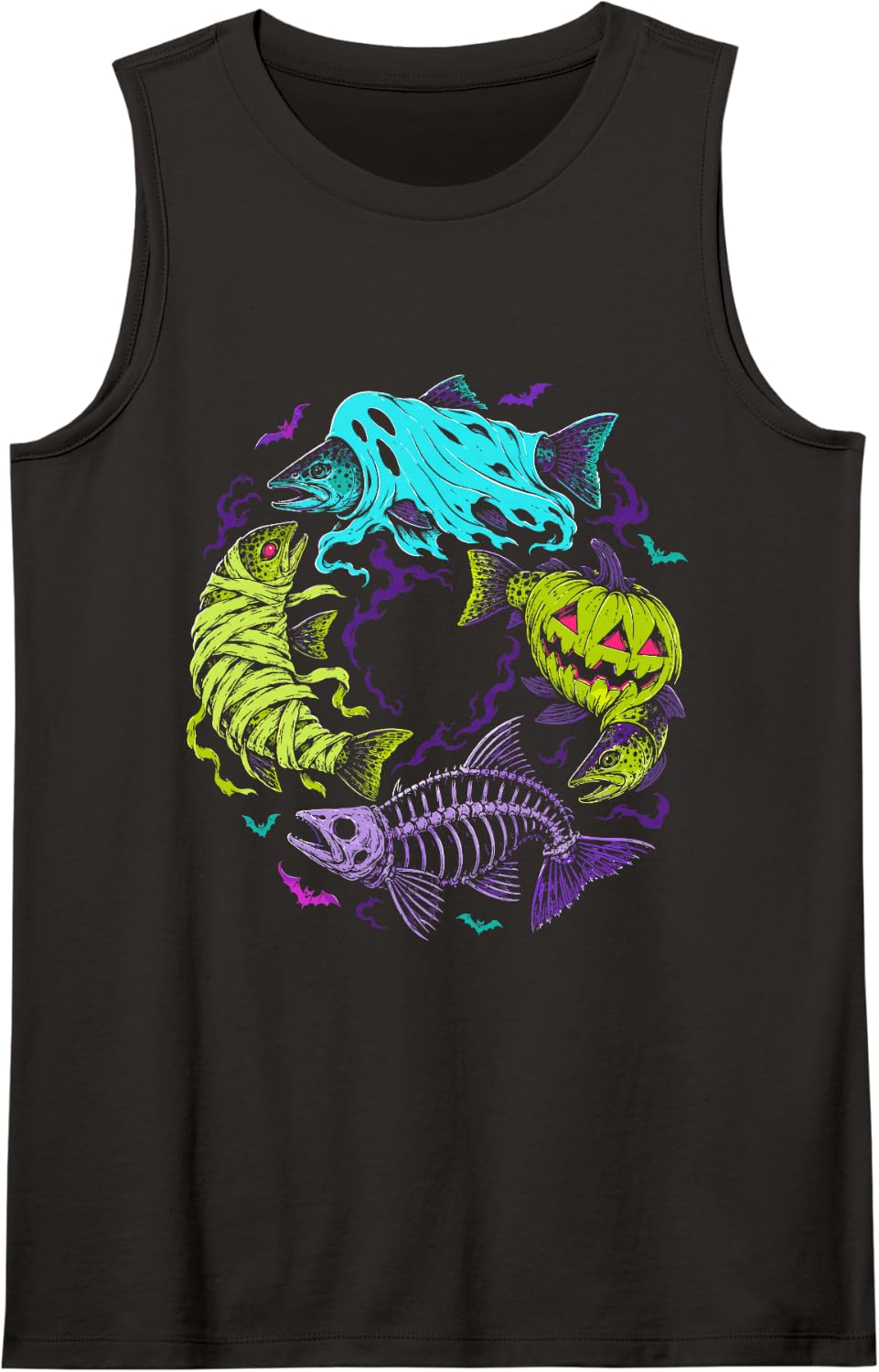 Halloween Trout Fish Ghost Pumpkin Skeleton Mummy Tank Top - Black
