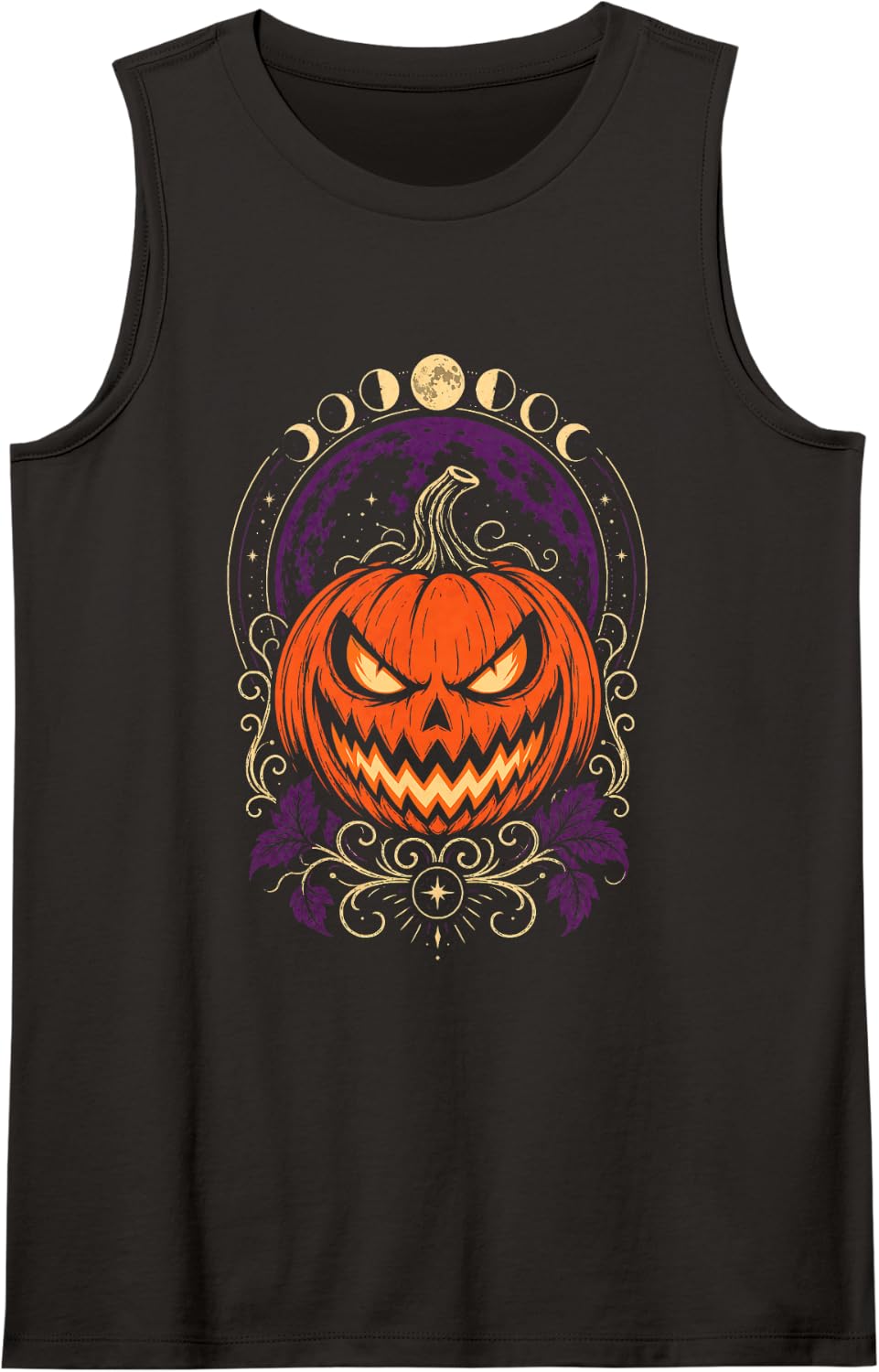 Halloween Vintage Jack O Lantern Scary Pumpkin Face Moon Tank Top - Black