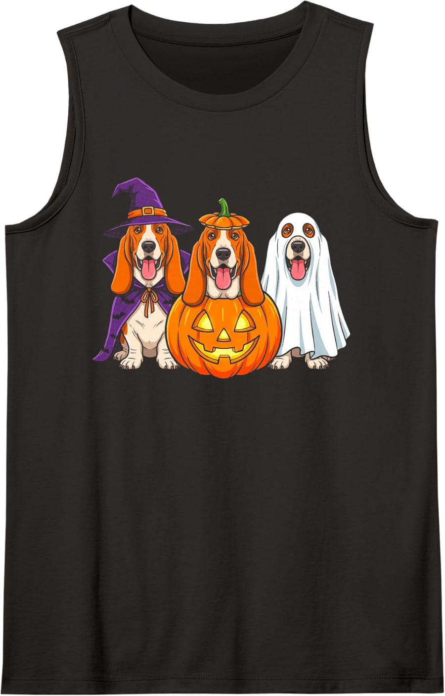 Basset Hound Halloween Spooky Witch Pumpkin and Ghost Scary Sleeveless Tank Top - Black