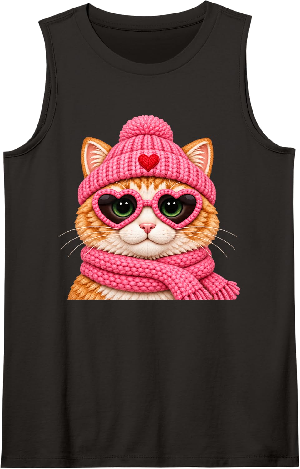 Orange Cat Pink Heart Sunglasses Cozy Winter Hat Scarf Sleeveless Tank Top - Black