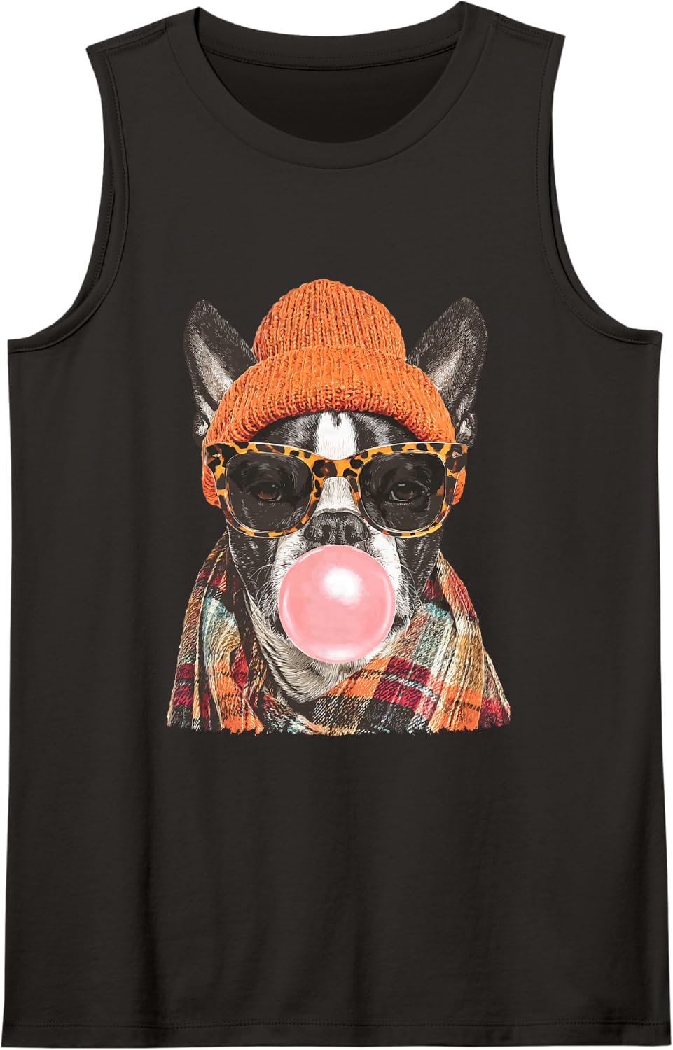Fall Boston Terrier with Sunglasses Bostie Dog and Bubblegum Sleeveless Tank Top - Black