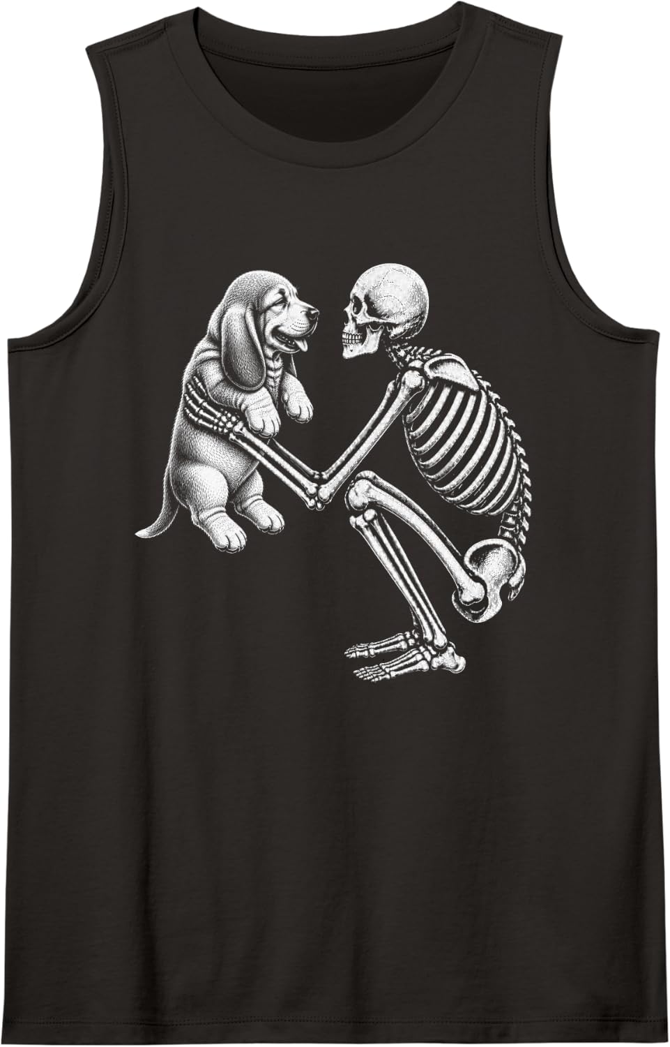 Skeleton Holding Basset Hound Retro Halloween Dog Sleeveless Tank Top - Black