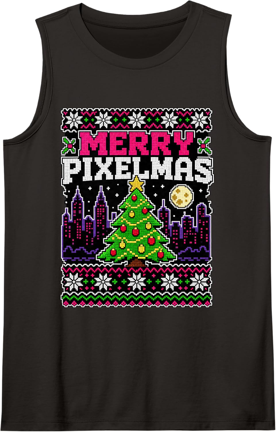 Merry Pixelmas Retro Pixel Tree Ugly Christmas Gamer Sleeveless Tank Top - Black