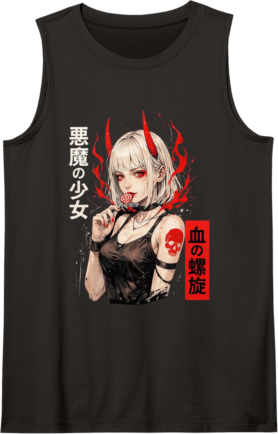 Waifu Demon Girl Anime Art Dark Gothic Alt Streetwear Art Sleeveless Tank Top - Black