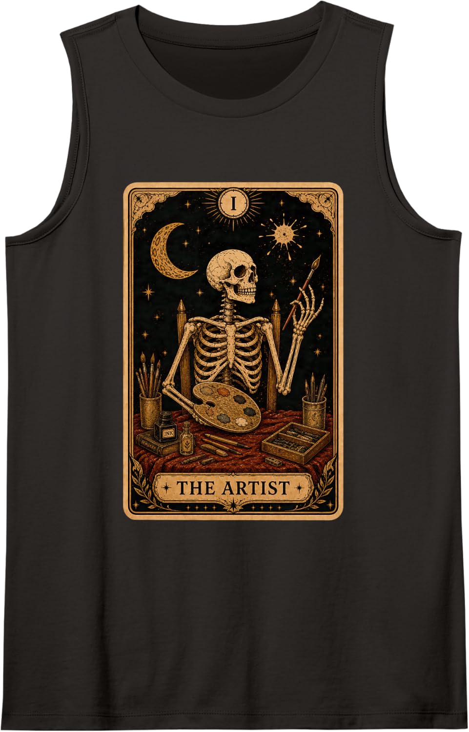 Funny Skeleton The Artist Tarot Card Art Teacher Halloween Sleeveless Tank Top - Black