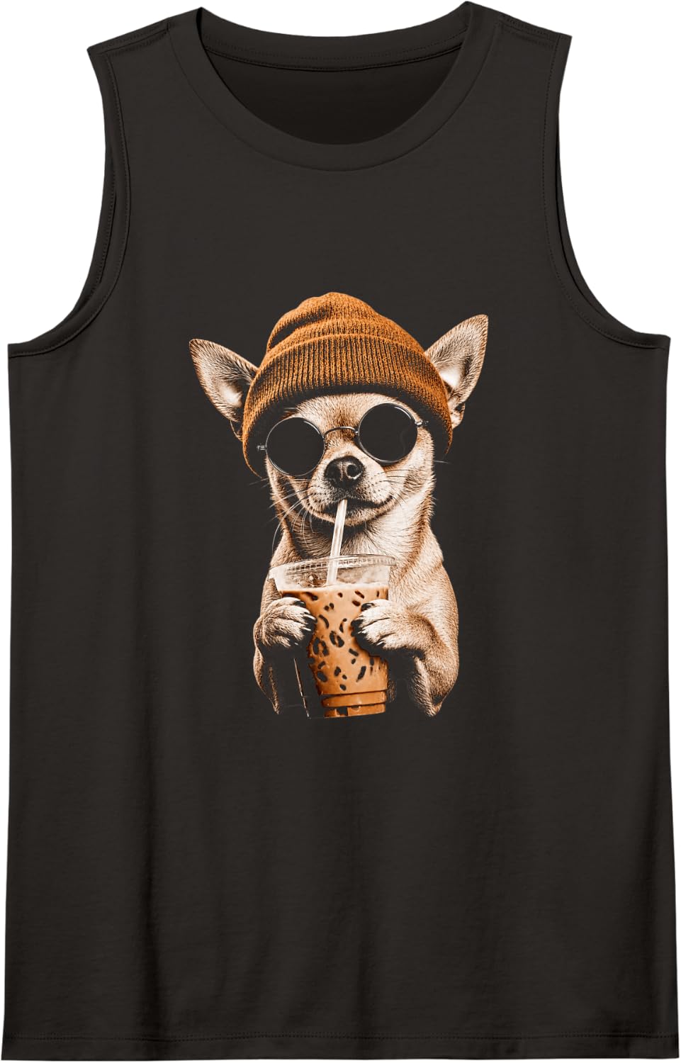 Chihuahua Drinking Iced Coffee Funny Dog Hipster Chihuahua Tank Top - Black