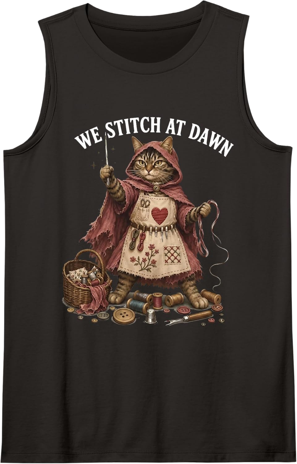 We Stitch At Dawn Funny Crafting Sewing Seamstress Cat Sleeveless Tank Top - Black