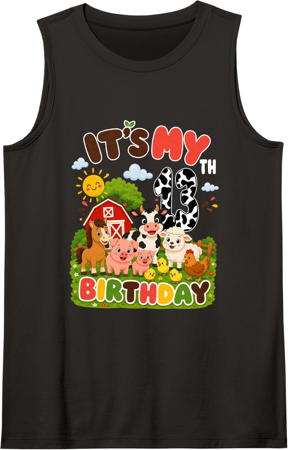 Birthday 13 Year Old Farm Animals Theme Lover 13th Party Sleeveless Tank Top - Black