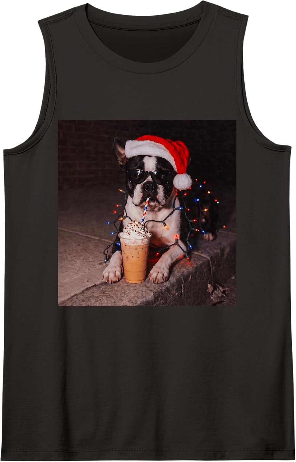 Cool Boston Terrier Santa Hat Iced Coffee Dog Xmas Lights Sleeveless Tank Top - Black