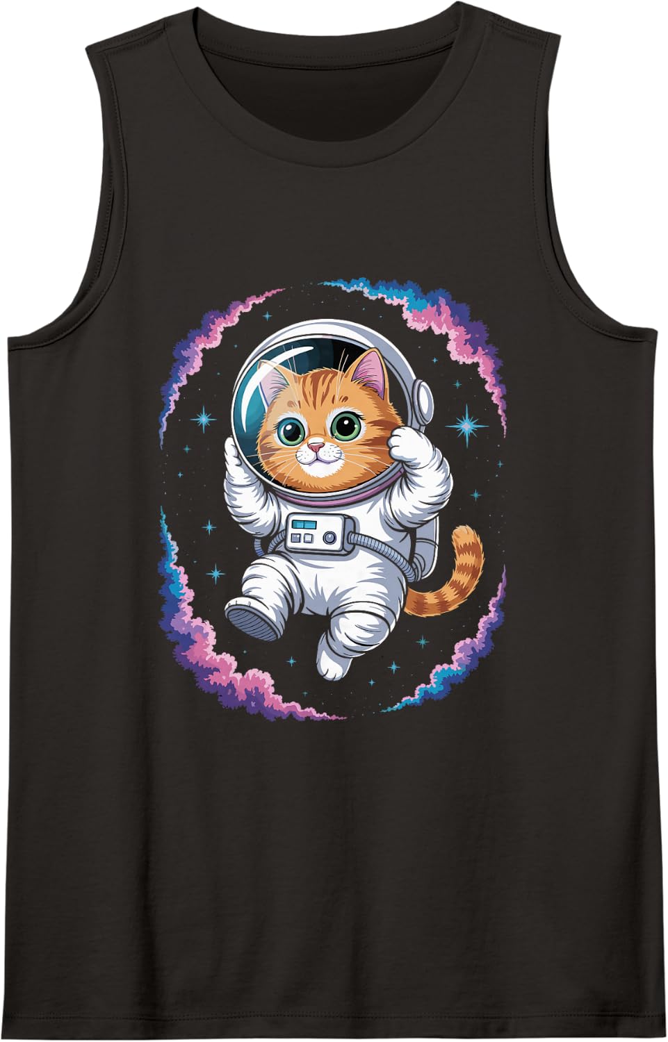 Space Cat Astronaut Floating in Galaxy Sleeveless Tank Top - Black