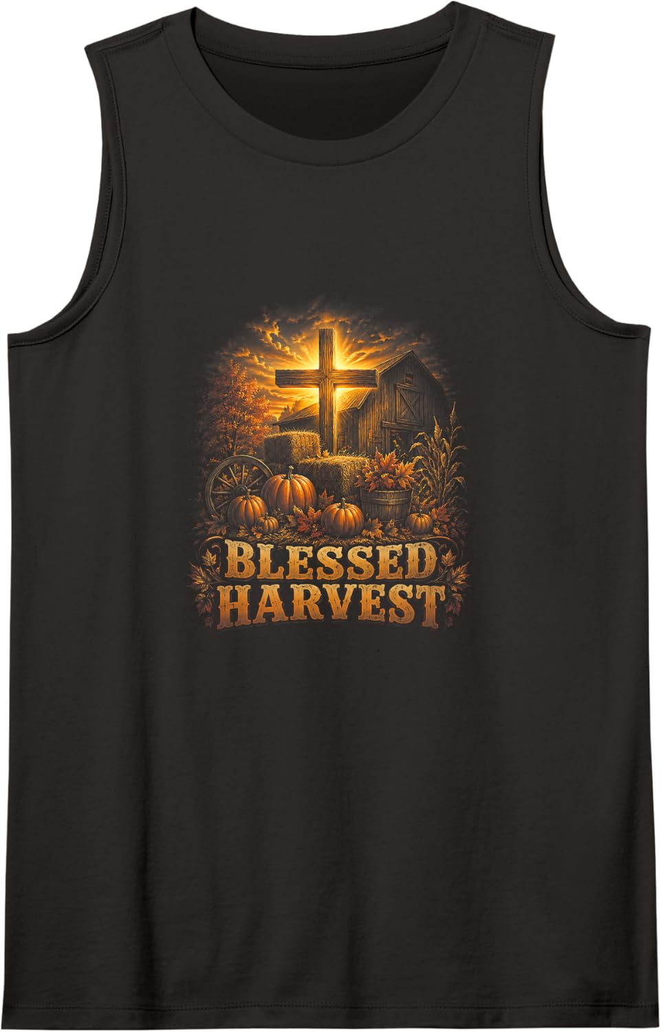 Blessed Harvest Christian Cross Pumpkin Fall Farm Sleeveless Tank Top - Black