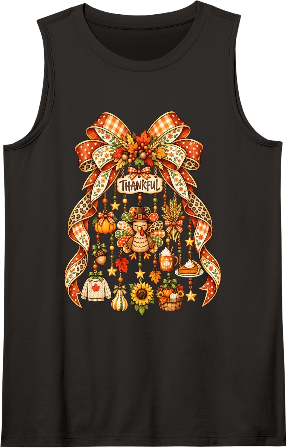 Coquette Leopard Bow Checkerd Thankful Turkey Thanksgiving Sleeveless Tank Top - Black