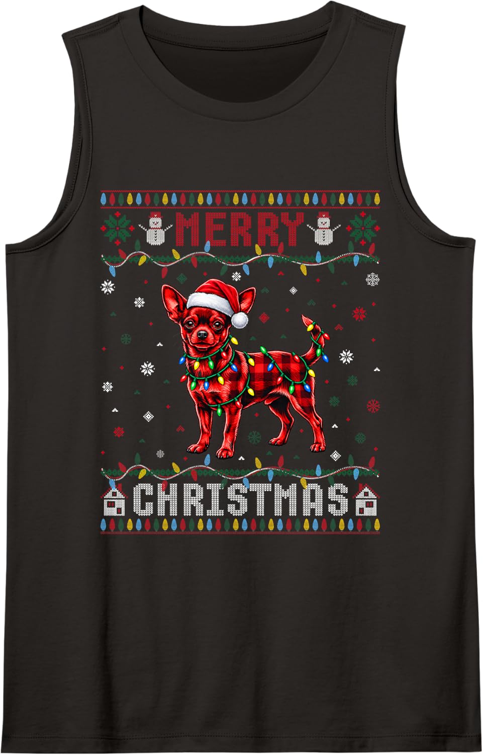 Christmas Red Plaid Chihuahua Santa Hat Dog Ugly Sweater Sleeveless Tank Top - Black