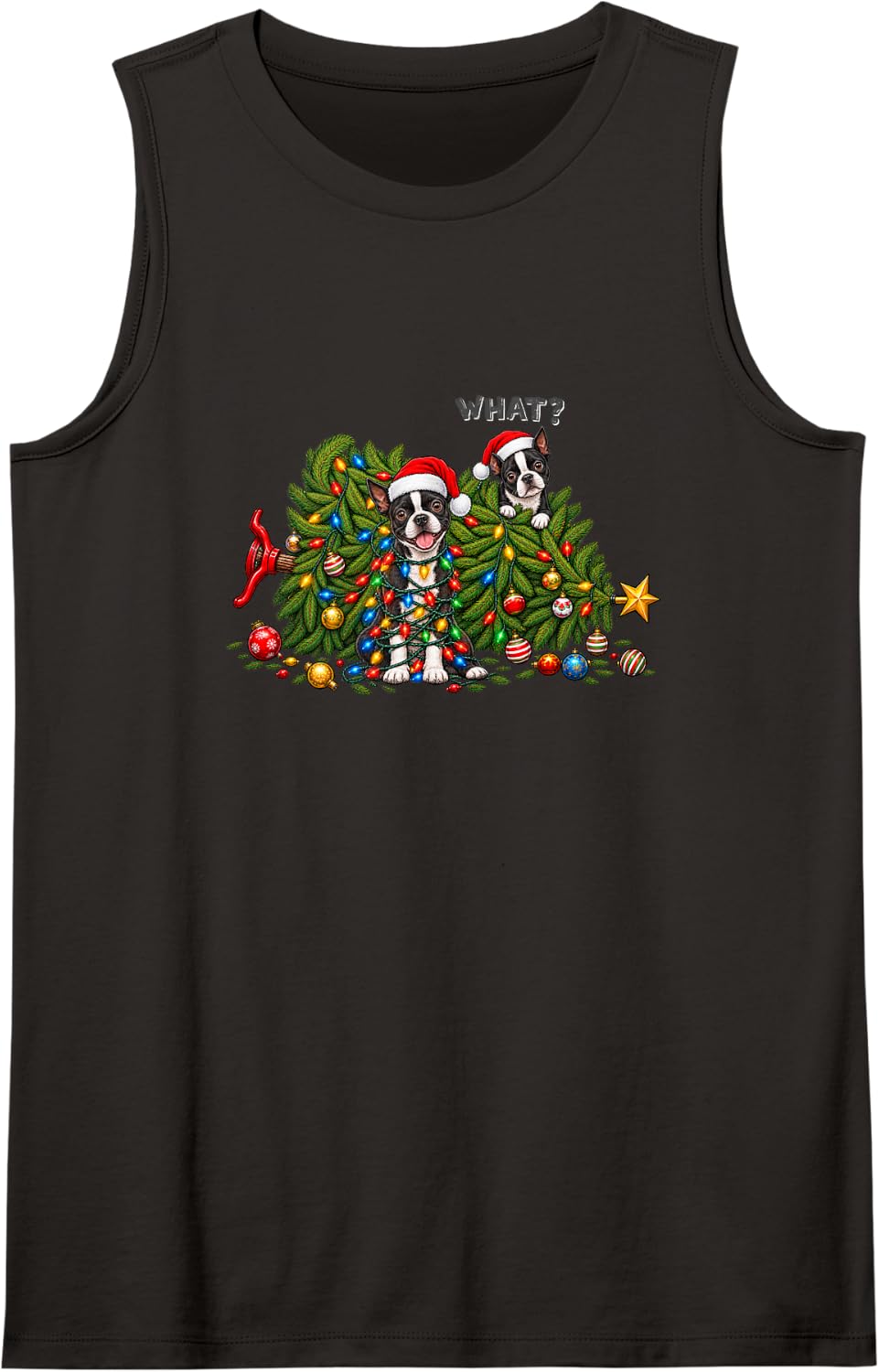 Boston Terrier Christmas Tree Santa Hats Funny Holiday Sleeveless Tank Top - Black