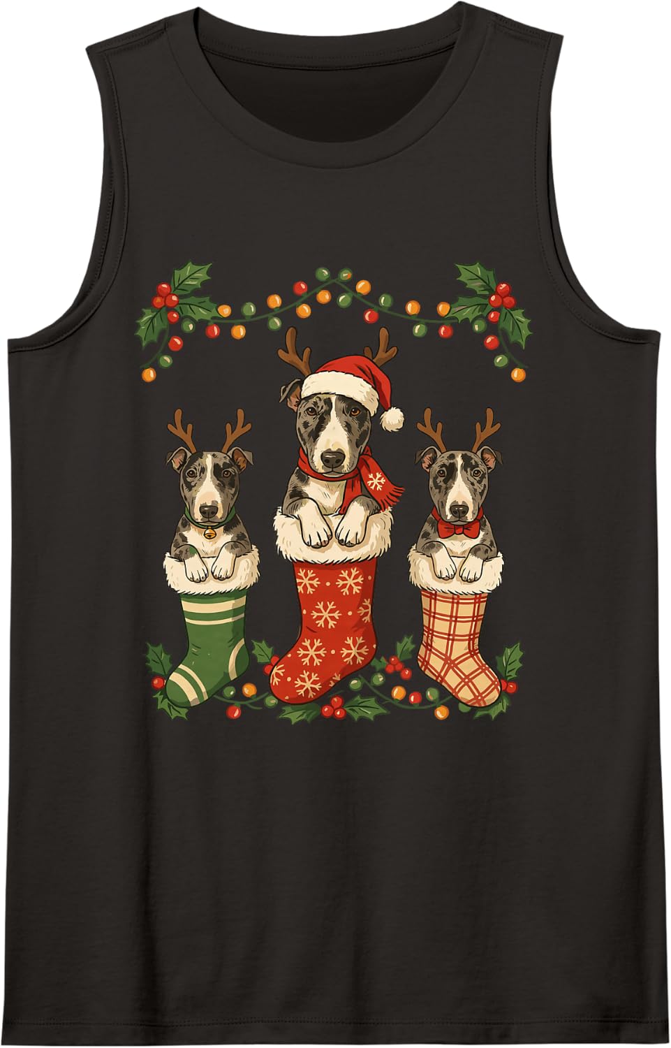 Festive Bull Terrier Christmas Stocking Puppy Fur Baby Mom Sleeveless Tank Top - Black