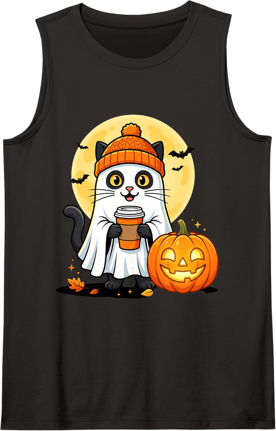 Halloween Ghost Cat Pumpkin Spooky Season Costume Tank Top - Black