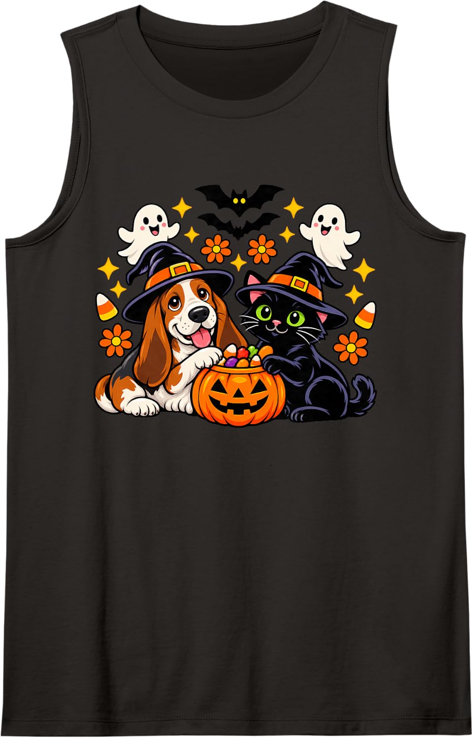 Funny Basset Hound Dog and Black Cat Pumpkin Halloween Sleeveless Tank Top - Black
