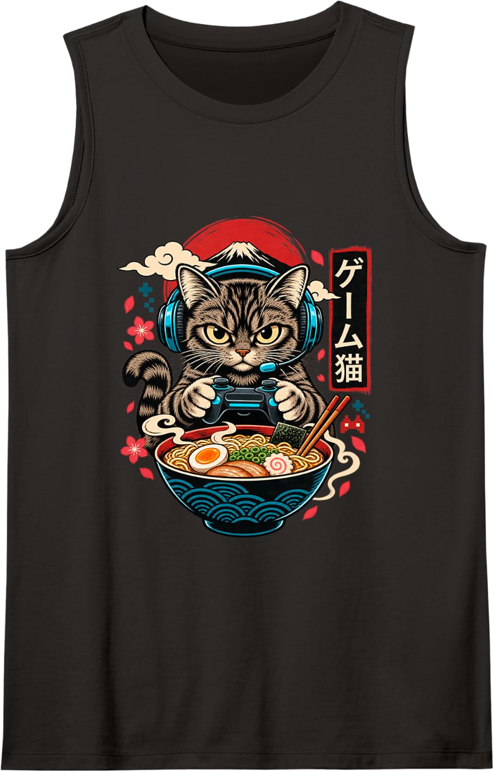 Ramen Cat Gaming Anime Japanese Funny Teen Boys Gamer Sleeveless Tank Top - Black