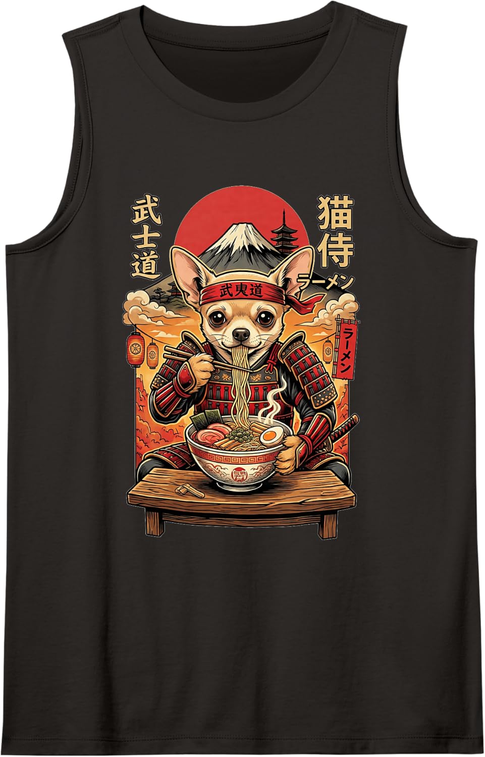 Chihuahua Dog Ramen Kawaii Japan Samurai Graphic Snack Sleeveless Tank Top - Black