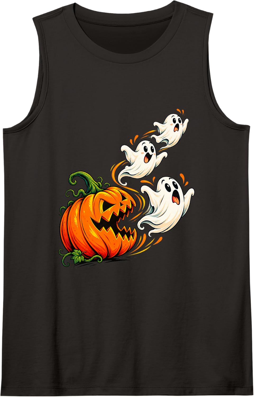 Funny Pumpkin Chasing Ghosts Halloween Jack O Lantern Sleeveless Tank Top - Black
