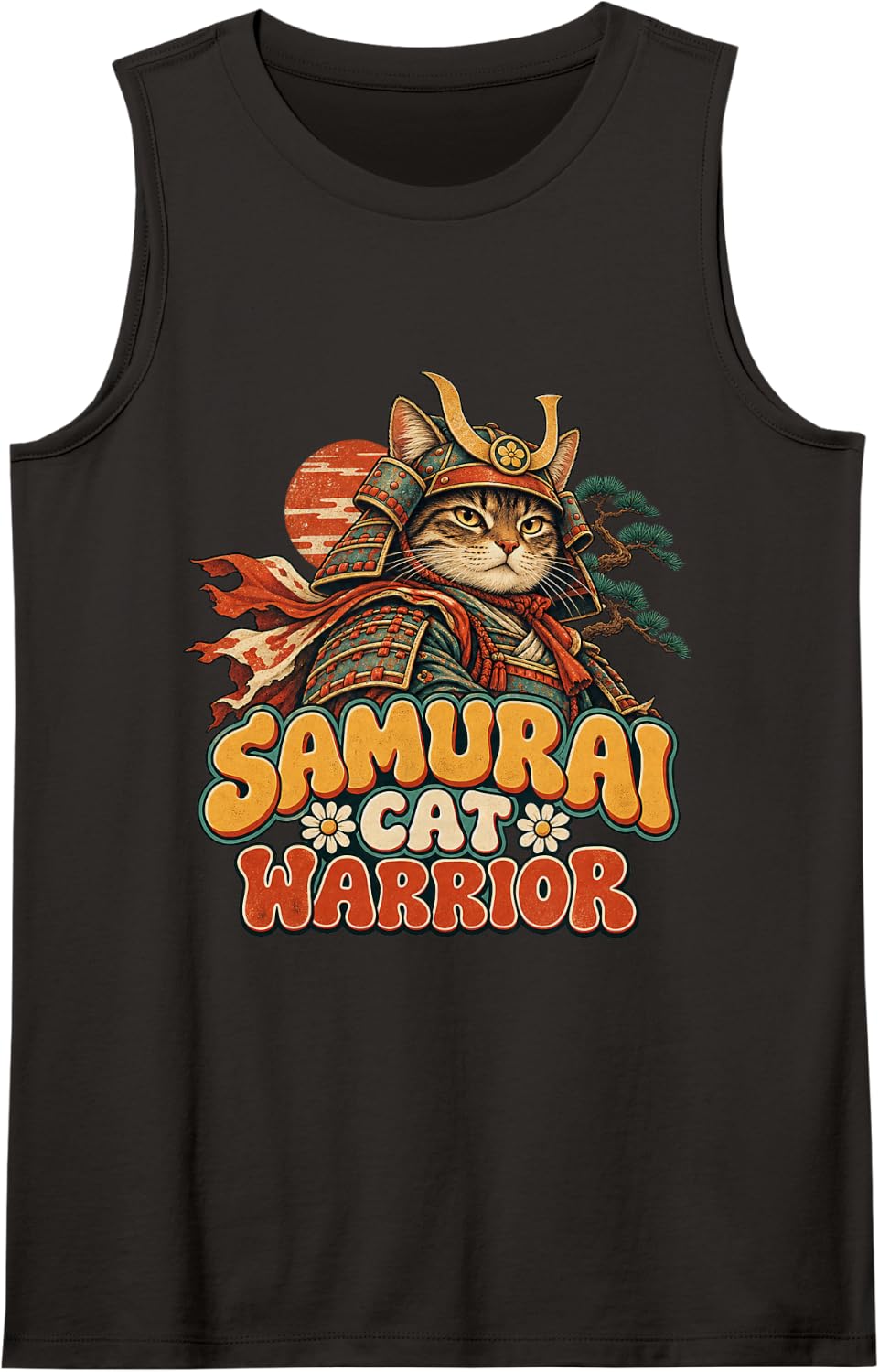 Samurai CAT Warrior Ukiyo Samurai cat Lover Warrior Ink Sleeveless Tank Top - Black