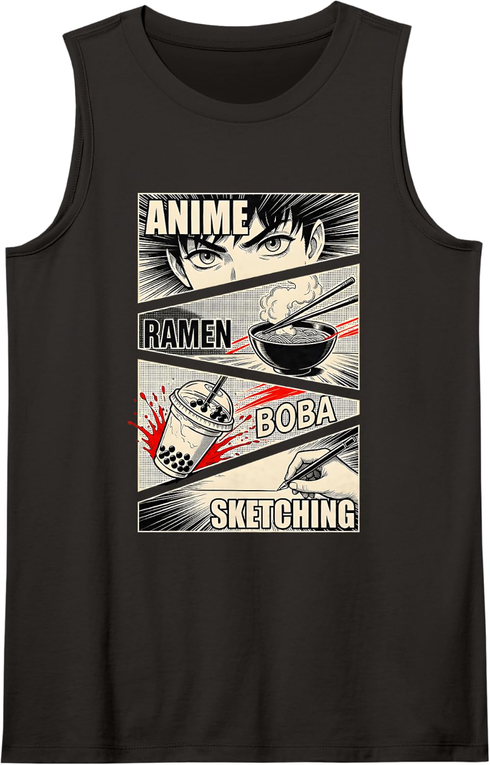 Anime Ramen Boba Tea Bubble Sketching Manga Hobby Aesthetic Sleeveless Tank Top - Black