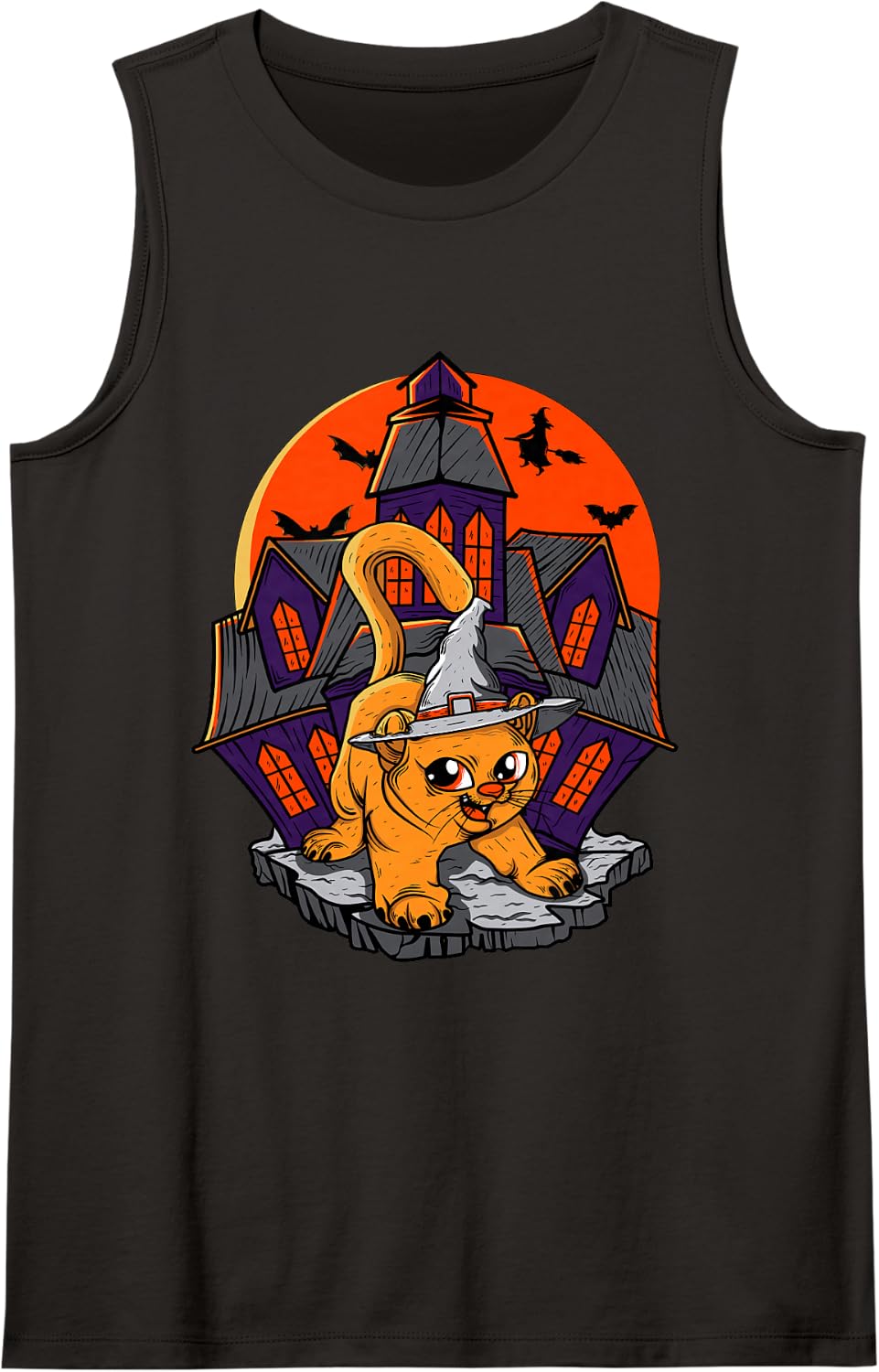 Cute Halloween Orange Cat Witch Spooky Haunted House Sleeveless Tank Top - Black