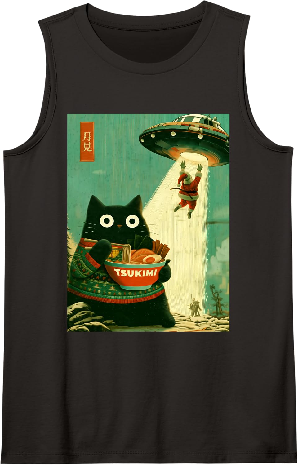 Funny Japanese Cat Eating Ramen Santa UFO Christmas Xmas Sleeveless Tank Top - Black