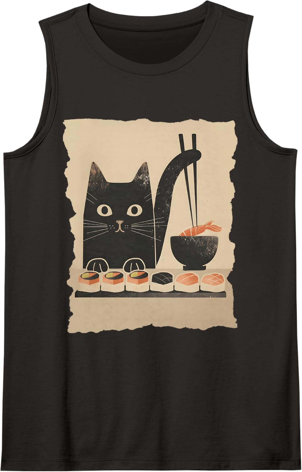 Japanese Sushi Cat Funny Graphic Tees Kawaii Cat Anime Gifts Sleeveless Tank Top - Black