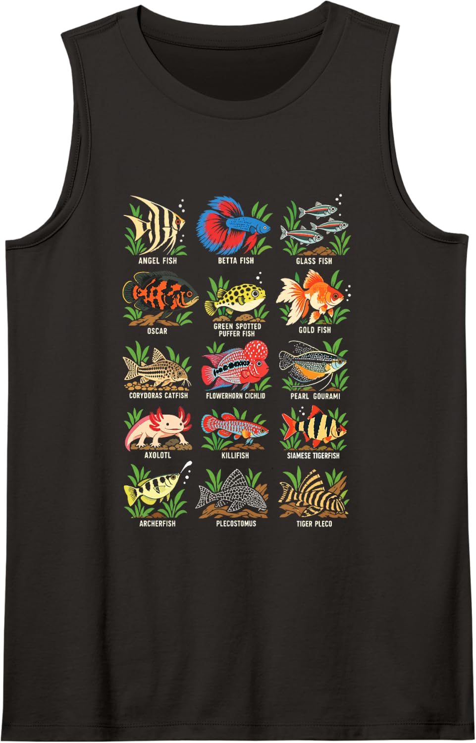 Aquarium Fish Species Art Betta Angelfish Axolotl Sleeveless Tank Top - Black