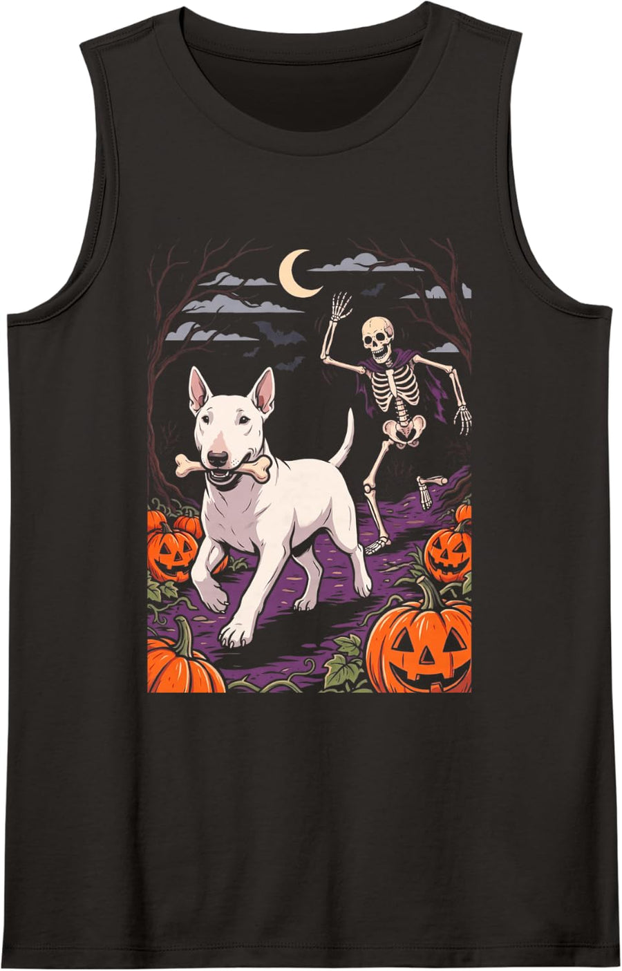 Bull Terrier Dog Stealing Bone from Skeleton Halloween Sleeveless Tank Top - Black