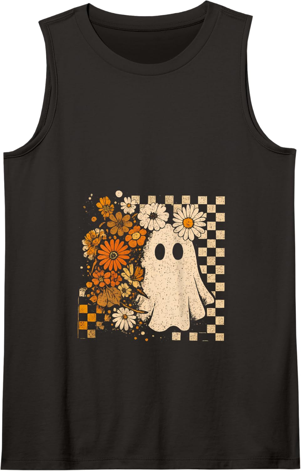 Floral Ghost Checkered, Cute Spooky Halloween Ghost Tank Top - Black