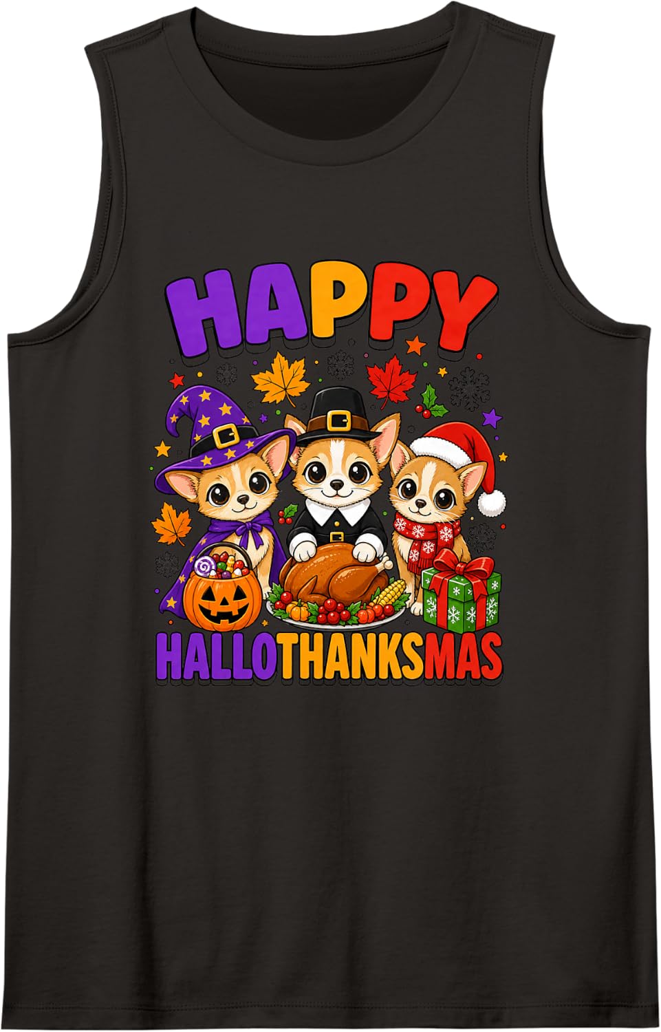 Hallothanksmas Chihuahua Halloween Thanksgiving Christmas Sleeveless Tank Top - Black