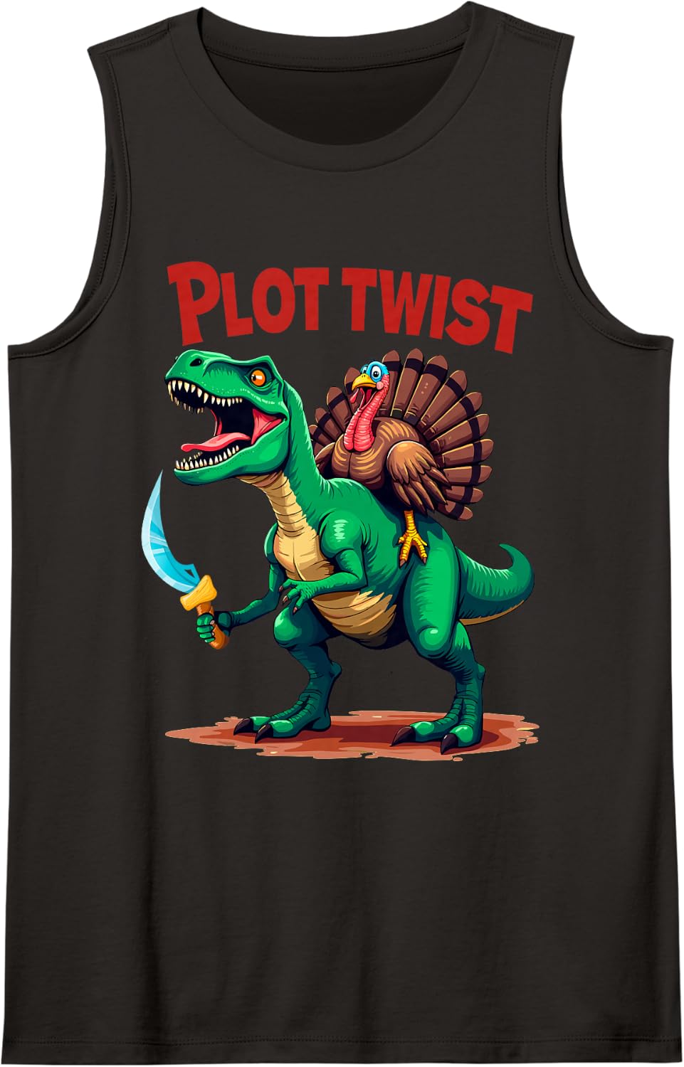Plot Twist Turkey Riding Dinosaur T-Rex Happy Thanksgiving Sleeveless Tank Top - Black